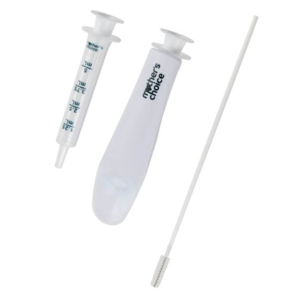 White plastic medicine dispensing kit for fuss free medicine from Mothers Choice Fuss