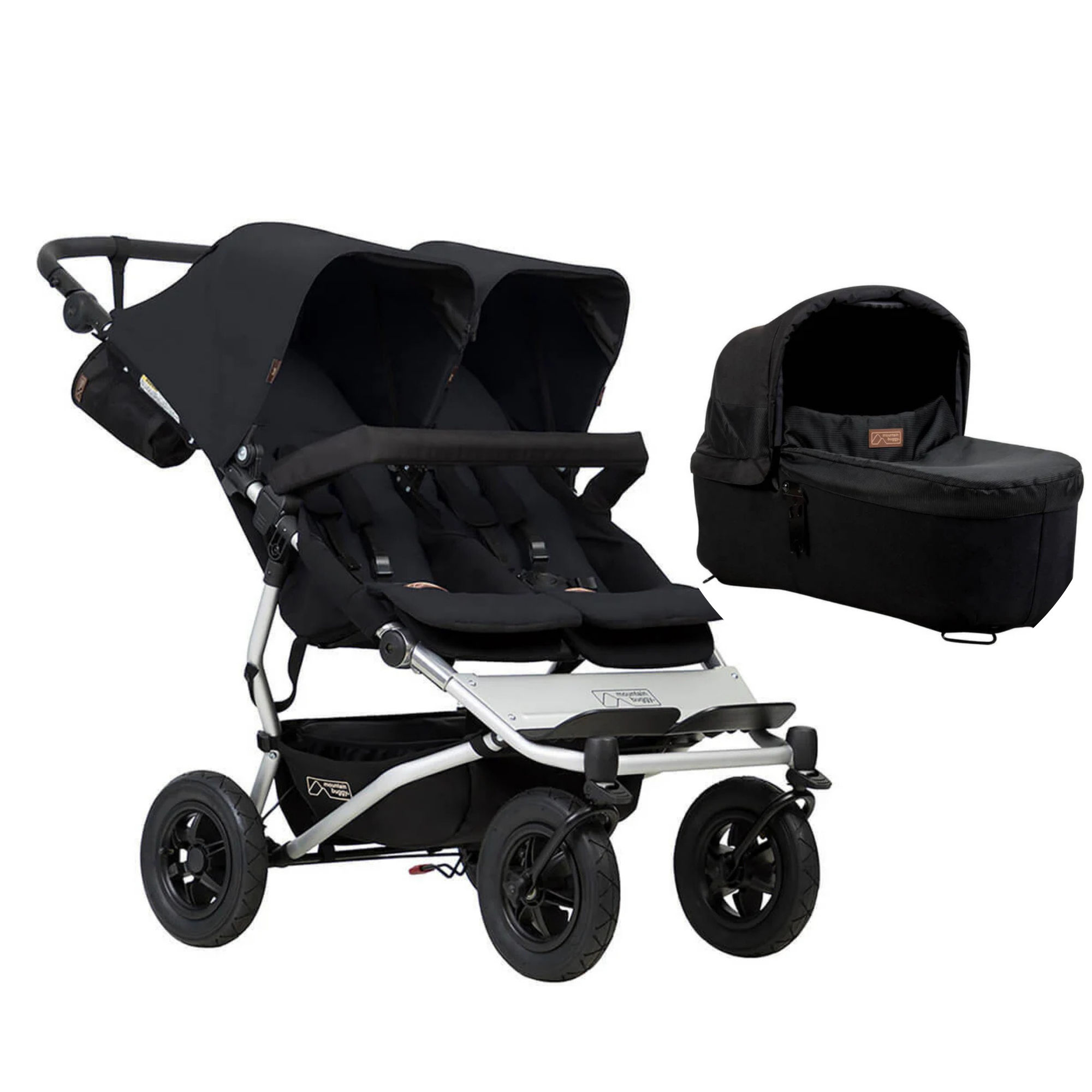 Black double stroller with bassinet for Mountain Buggy Duet Toshi Baby award-winning side-by-side
