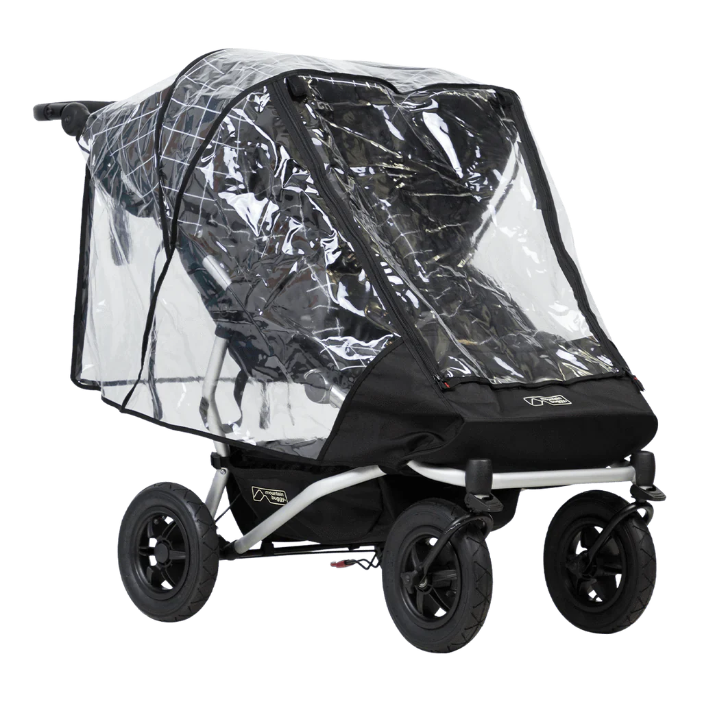 Black Mountain Buggy Duet baby stroller with double storm cover for rain protection