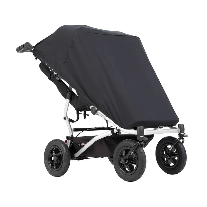 Black four-wheeled stroller from Mountain Buggy Duet with Toshi Baby sun cover set