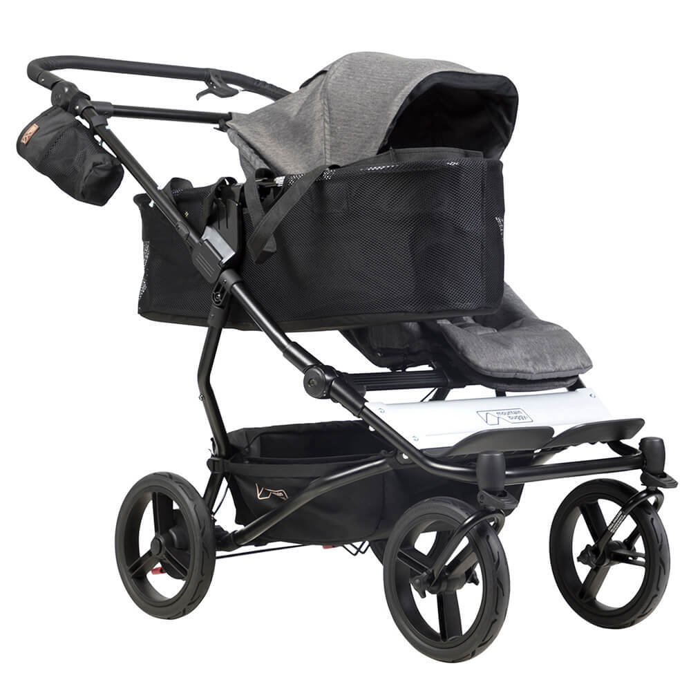 Black double stroller from Mountain Buggy Duet Luxury Collection Buggy with gray canopies