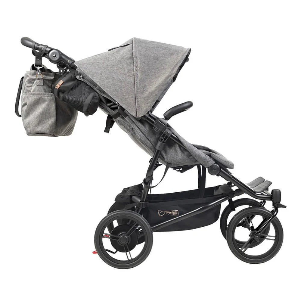 Gray baby stroller from Mountain Buggy Duet Luxury Collection Buggy with free $50 gift