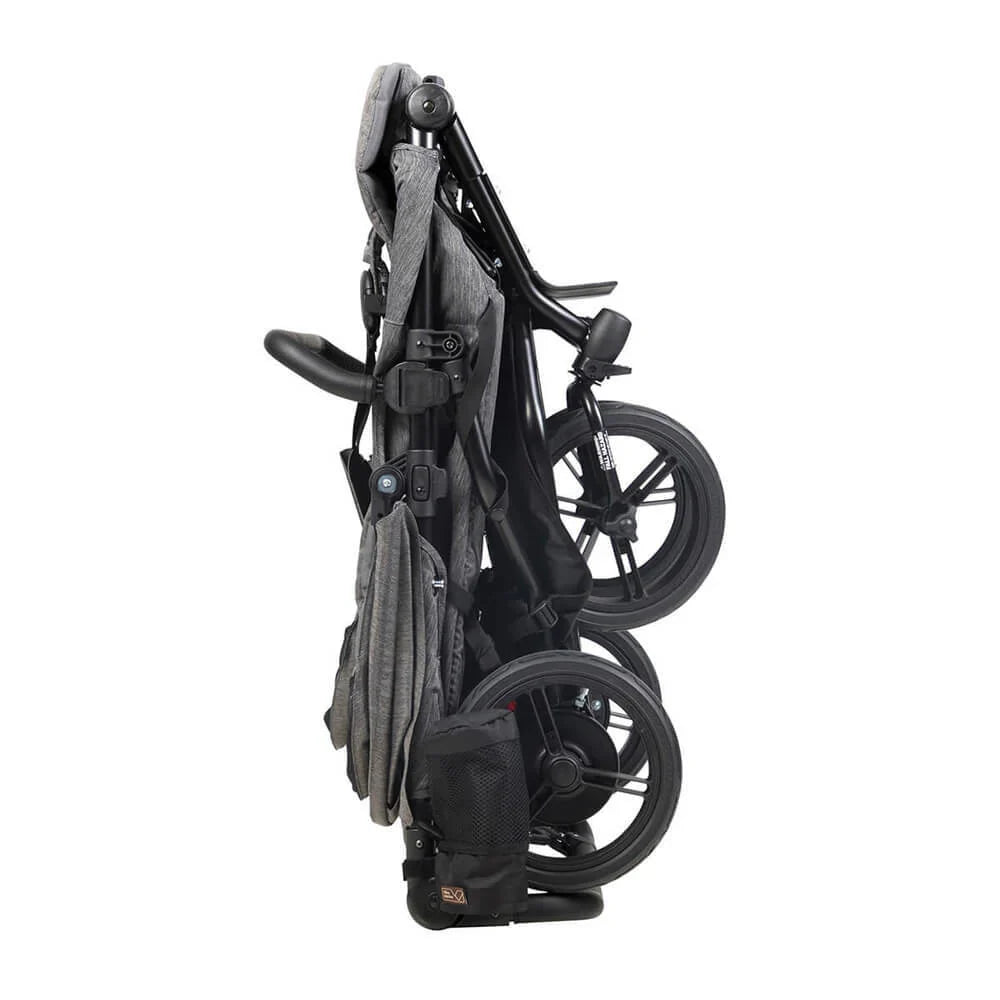 Folded gray and black Mountain Buggy Duet luxury collection buggy baby strollers