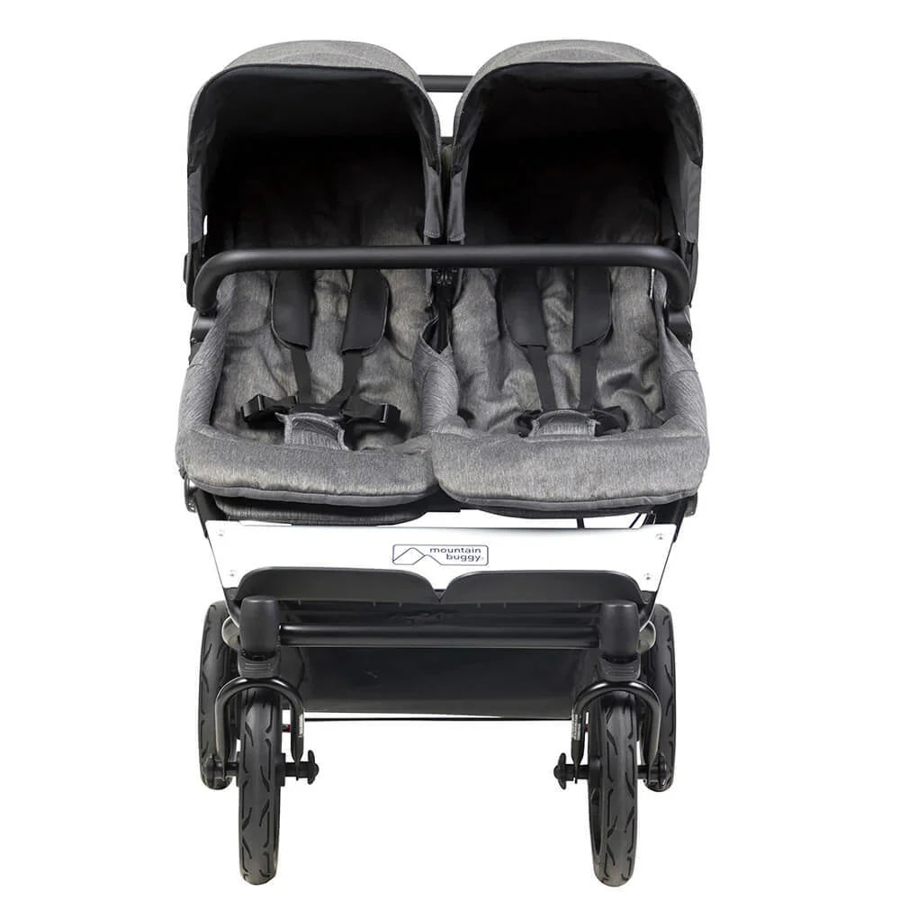 Gray double stroller from Mountain Buggy Duet Luxury Collection Buggy free gift