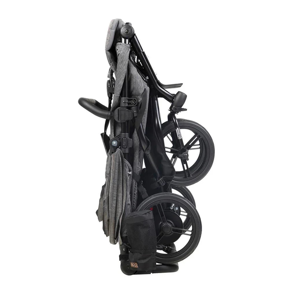 Folded gray Mountain Buggy Duet luxury collection baby stroller with double carrycot