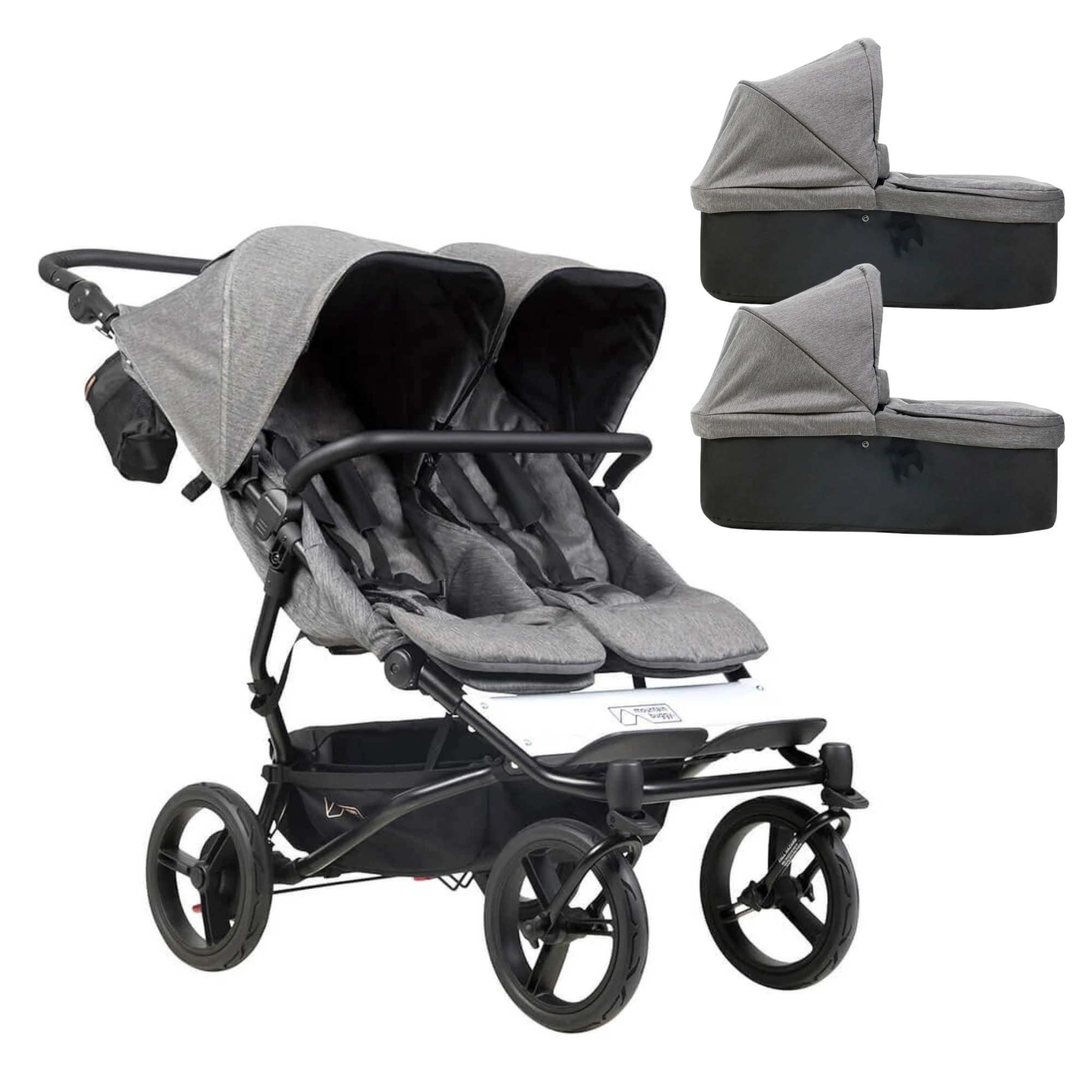 Gray double stroller from Mountain Buggy Duet Luxury Collection with Double Carrycot