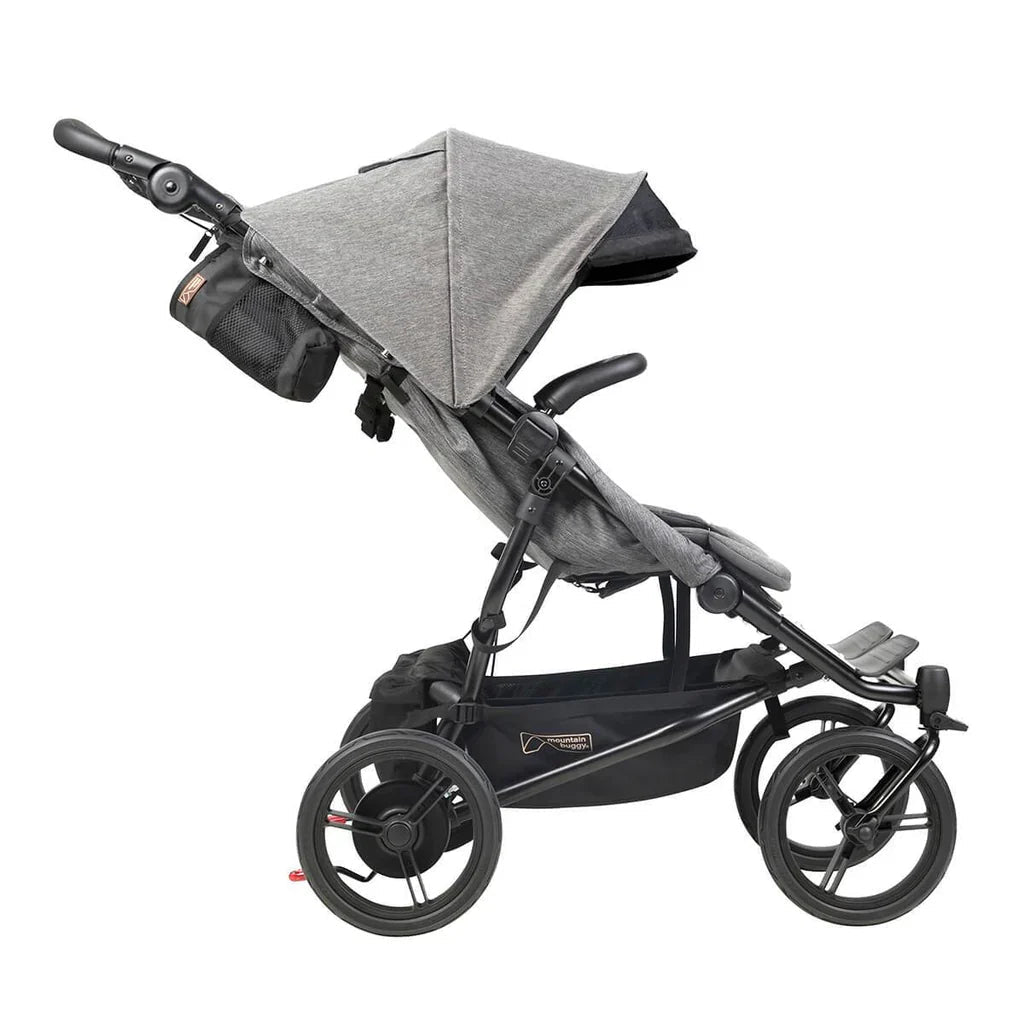 Gray and black baby stroller from Mountain Buggy Duet™ Luxury Collection with Single Cocoon Free Warranty