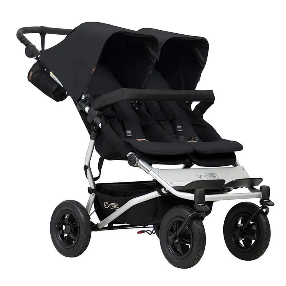 Black double stroller for Toshi Baby, Mountain Buggy Duet compact side-by-side baby strollers