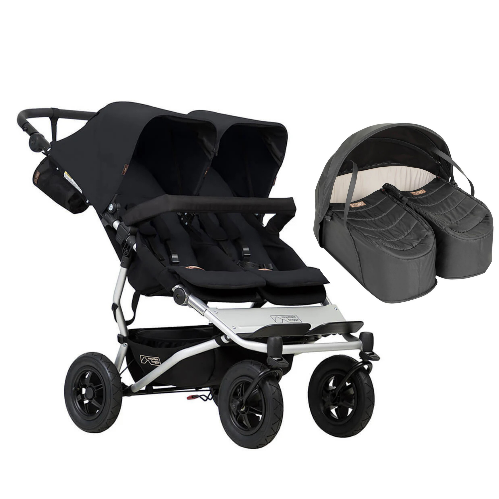 Black double stroller with gray bassinet from Mountain Buggy Duet V3, perfect baby strollers for twins