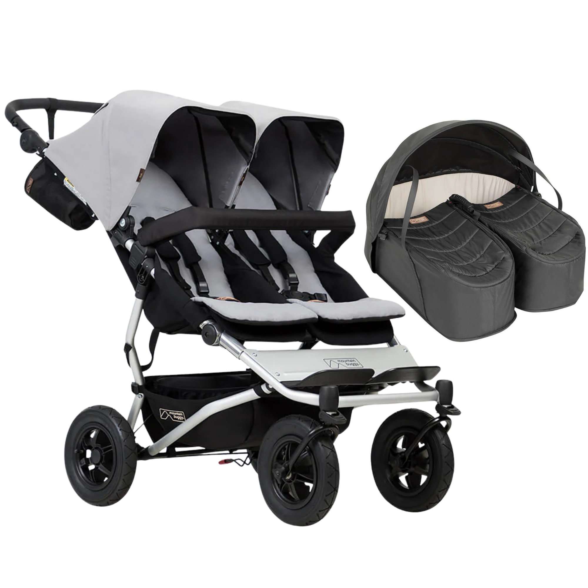 Double stroller with bassinet for Mountain Buggy Duet V3 and Toshi Baby all-terrain side-by-side