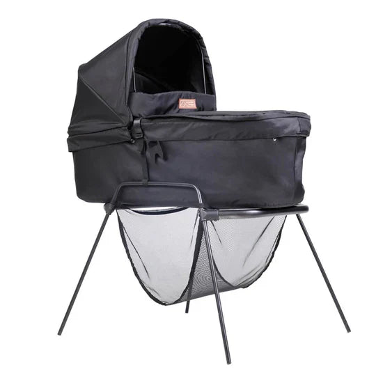 Black bassinet with stand from Mountain Buggy Carrycot Plus for Duet‚Ñ¢, perfect for bare mum postpartum