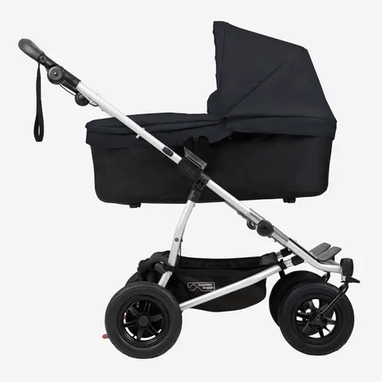 Black baby stroller with silver frame from Mountain Buggy carrycot plus for Duet‚Ñ¢ perfect for baby strollers and compatible with toshi baby romper