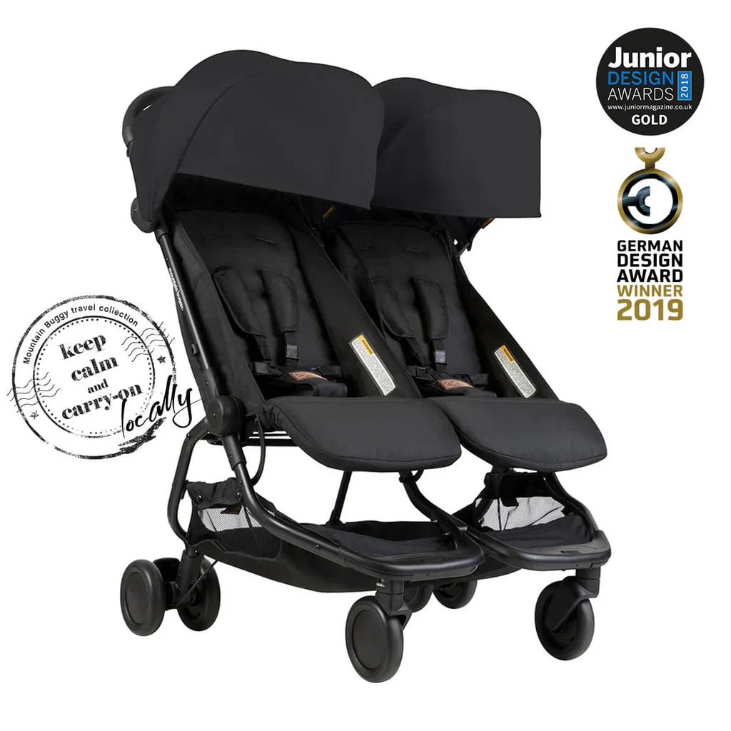 Black double stroller for babies from Mountain Buggy Nano Duo with Toshi Baby cup holder