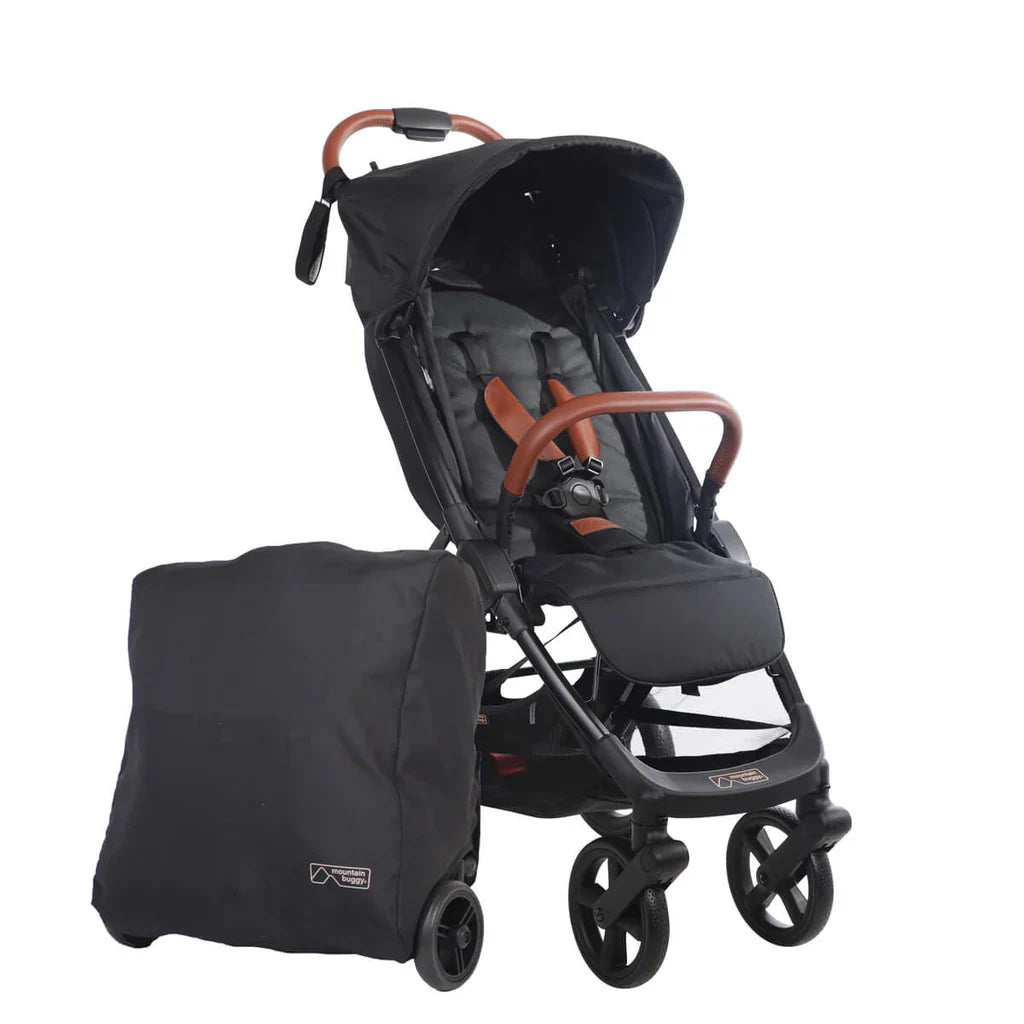 Black stroller with brown accents from Mountain Buggy Nano urban baby strollers