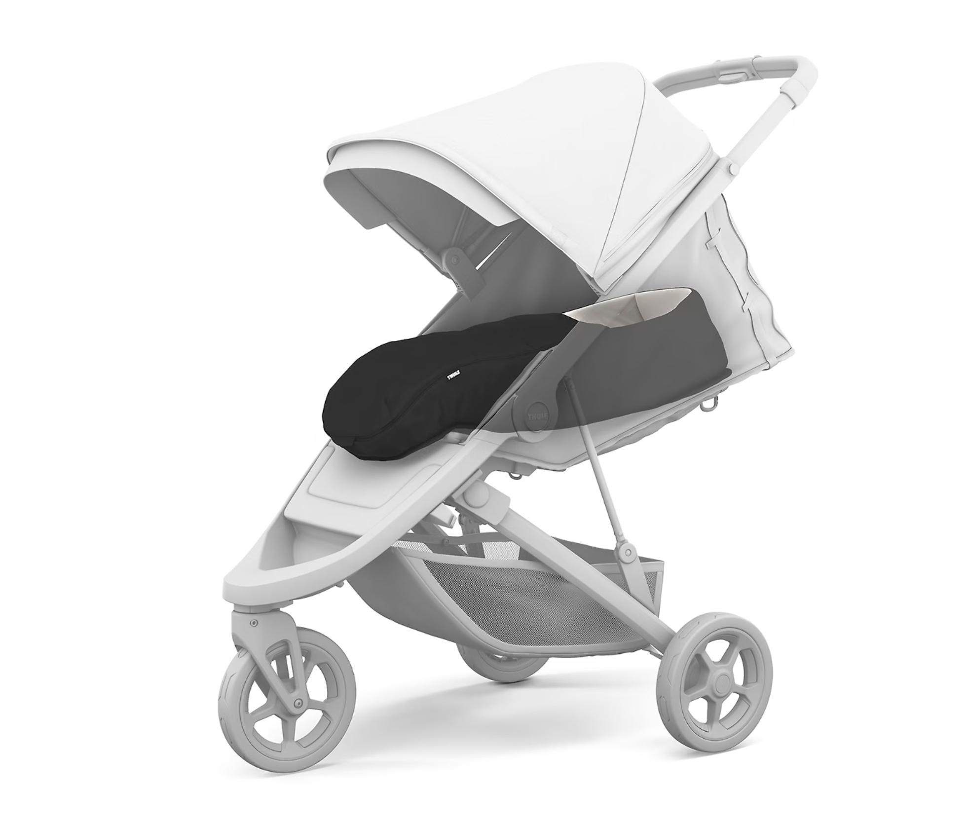 Gray stroller with black seat liner from Thule Newborn Nest, ideal for Odyssey Wagon Wheels users