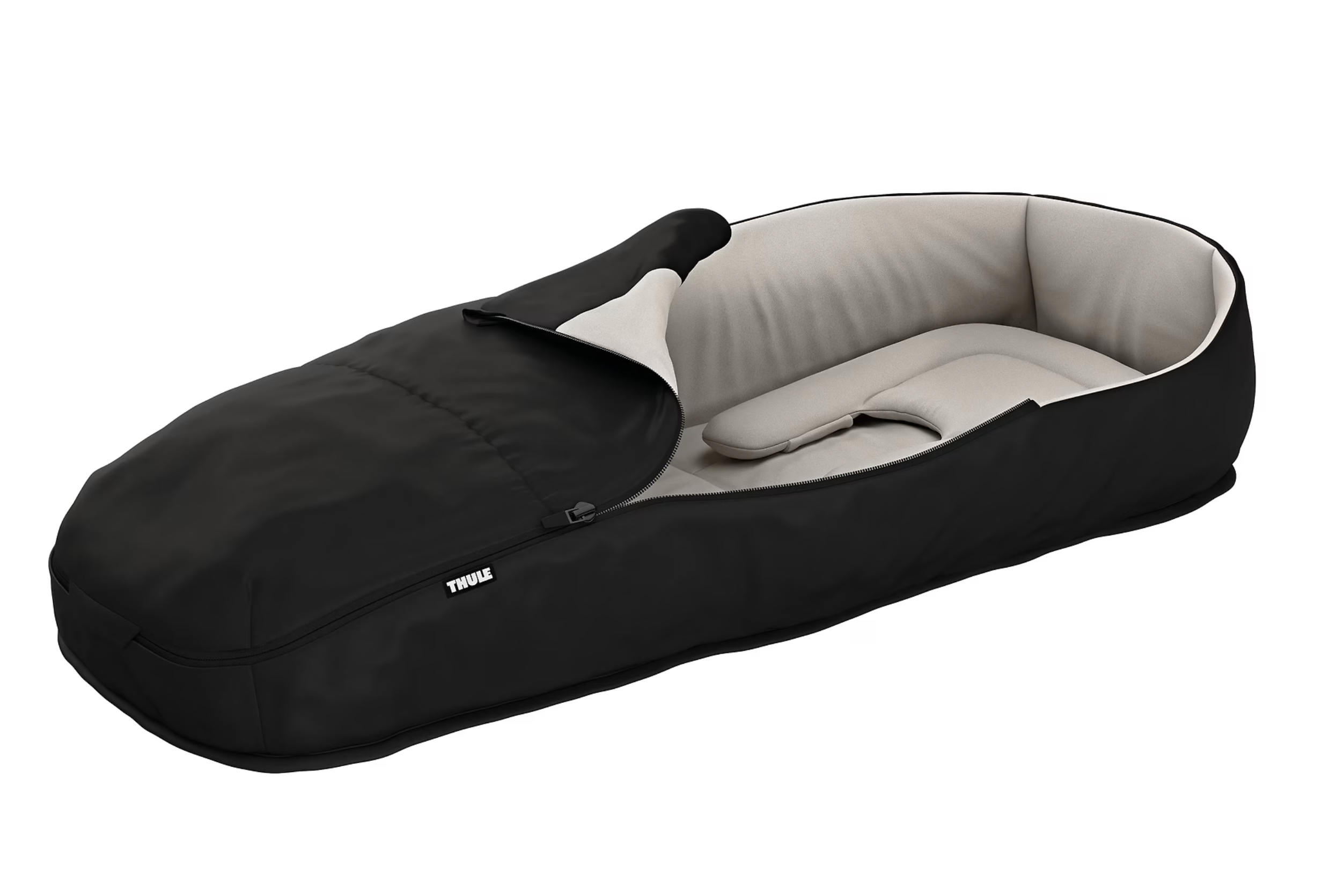 Black and gray bassinet from Thule Newborn Nest with toshi baby romper and Odyssey wagon wheels