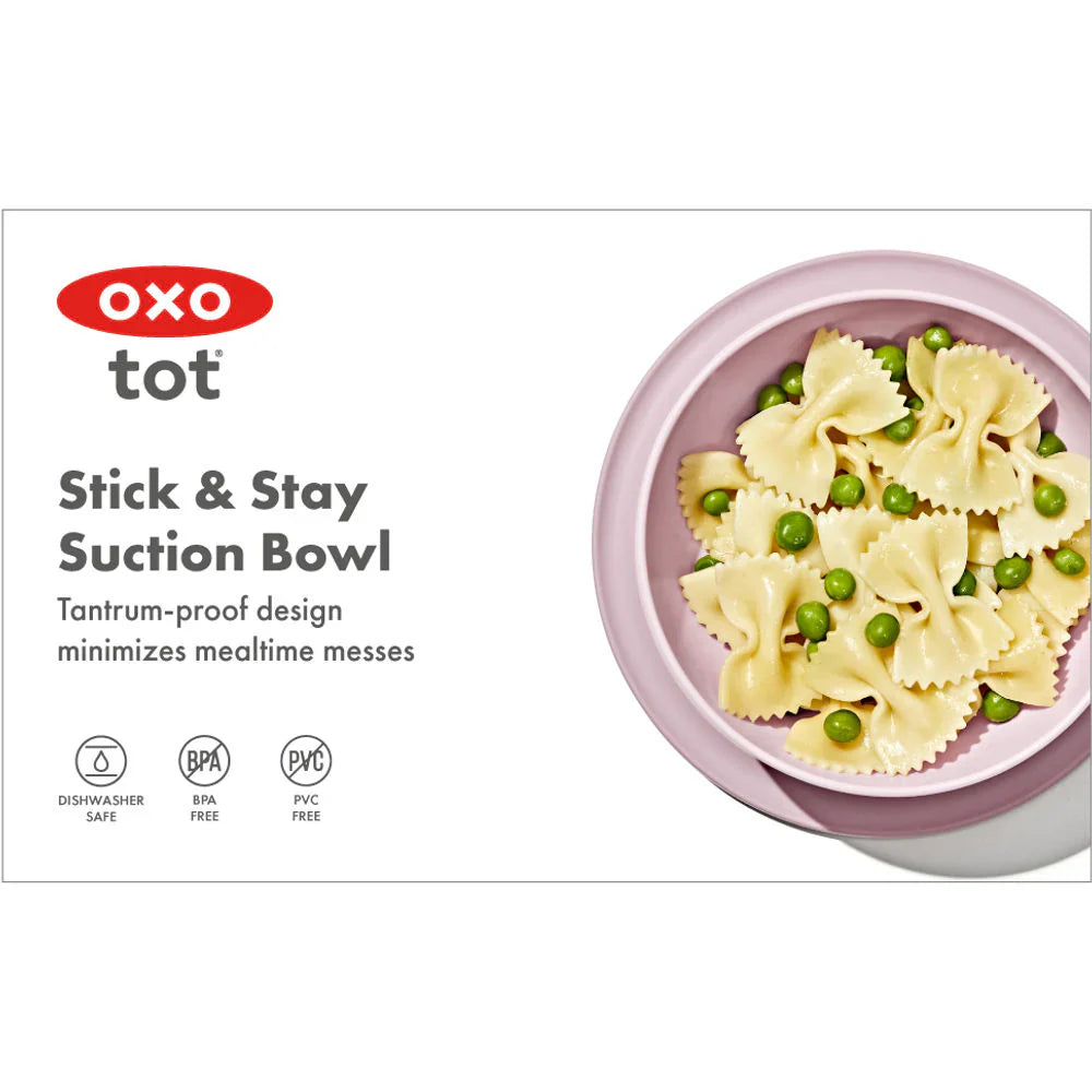 Oxo Tot Stick & Stay Suction Bowl with pasta and peas for babies