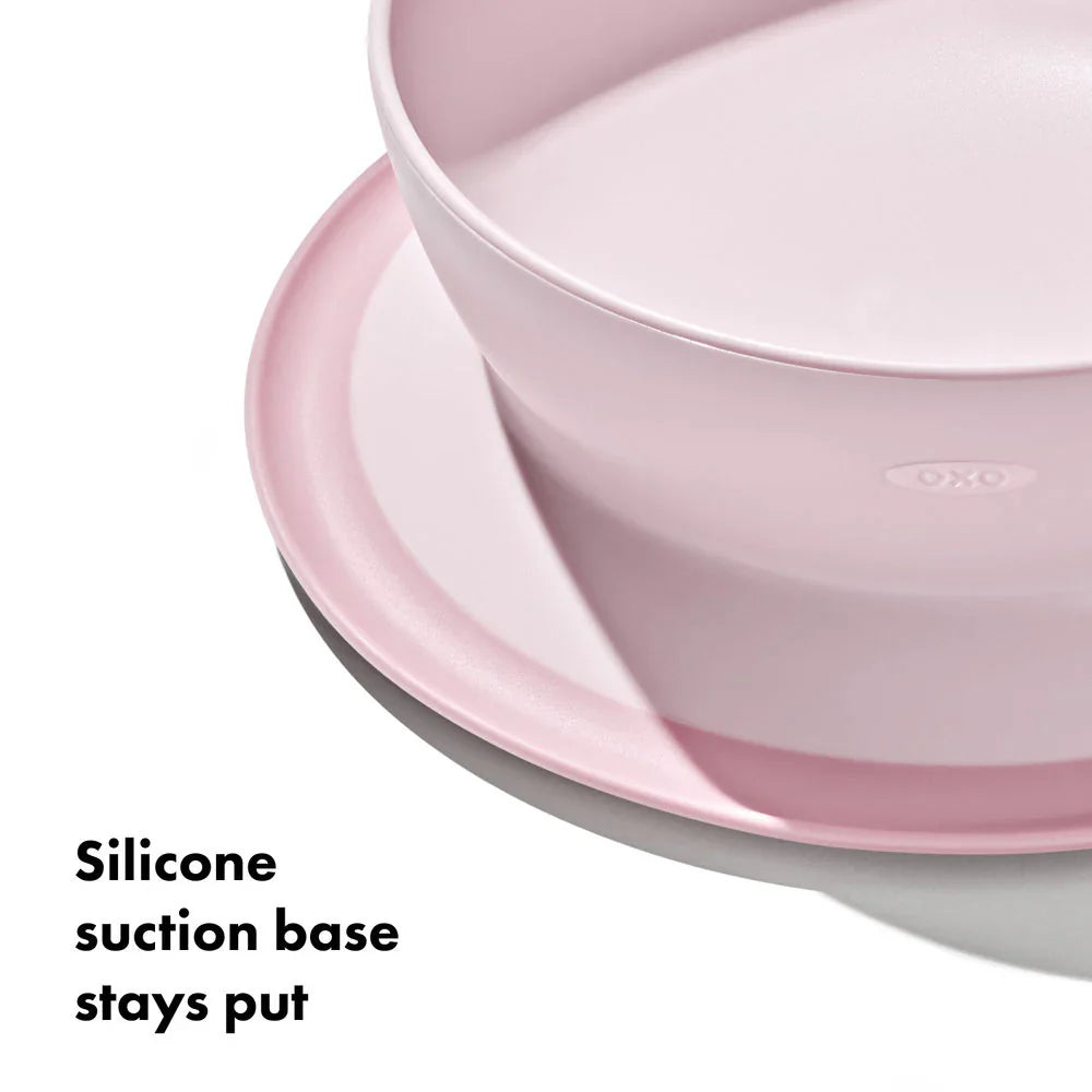 Pink OXO Tot Stick & Stay Suction Bowl for babies, perfect for baby strollers