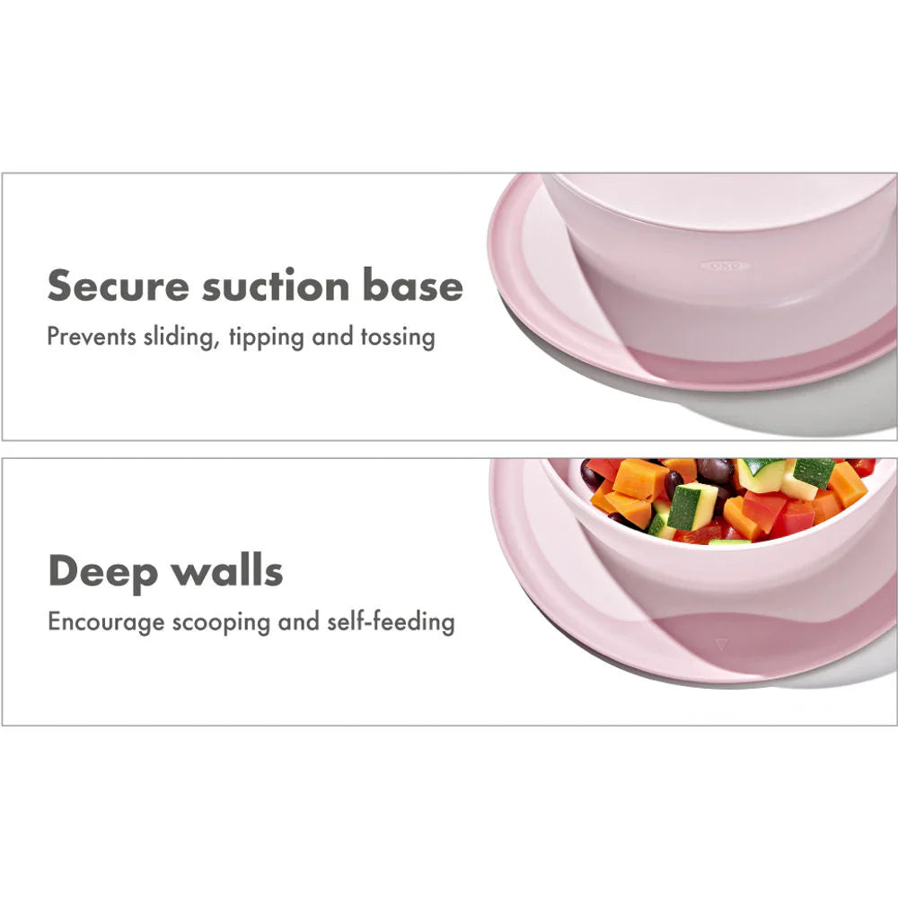 Pink baby bowl and plate from OXO Tot Stick & Stay Suction Bowl collection