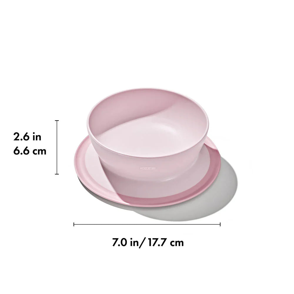 Pink OXO Tot Stick & Stay Suction Bowl set, perfect for Toshi Baby Romper fun