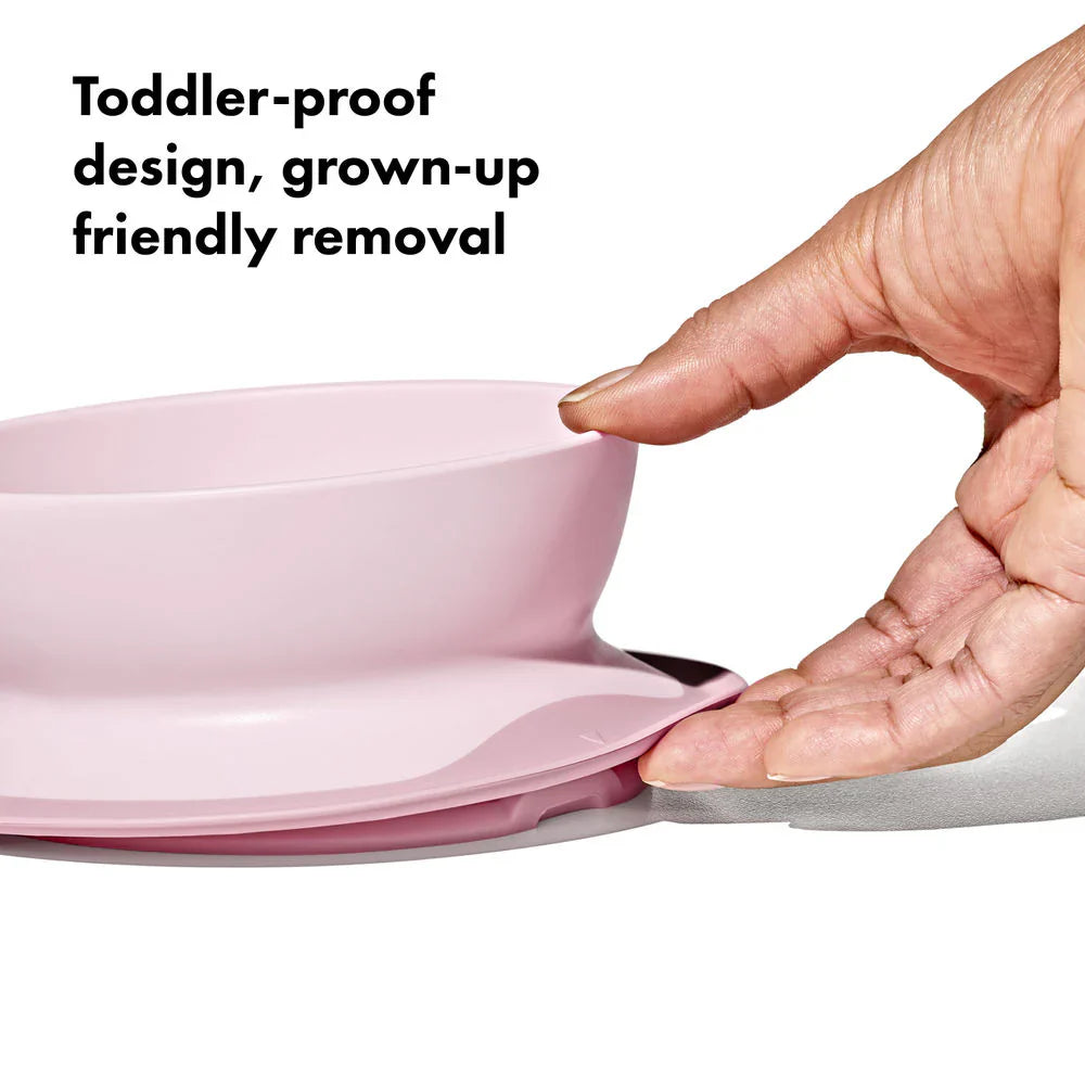 Pink suction bowl from OXO Tot Stick & Stay Suction Bowl line for Toshi Baby Romper