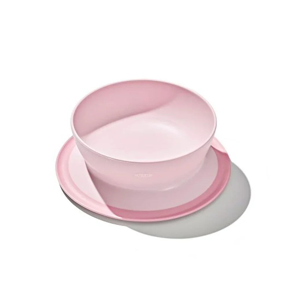 Pink bowl and saucer set from OXO Tot Stick & Stay Suction Bowl for baby strollers