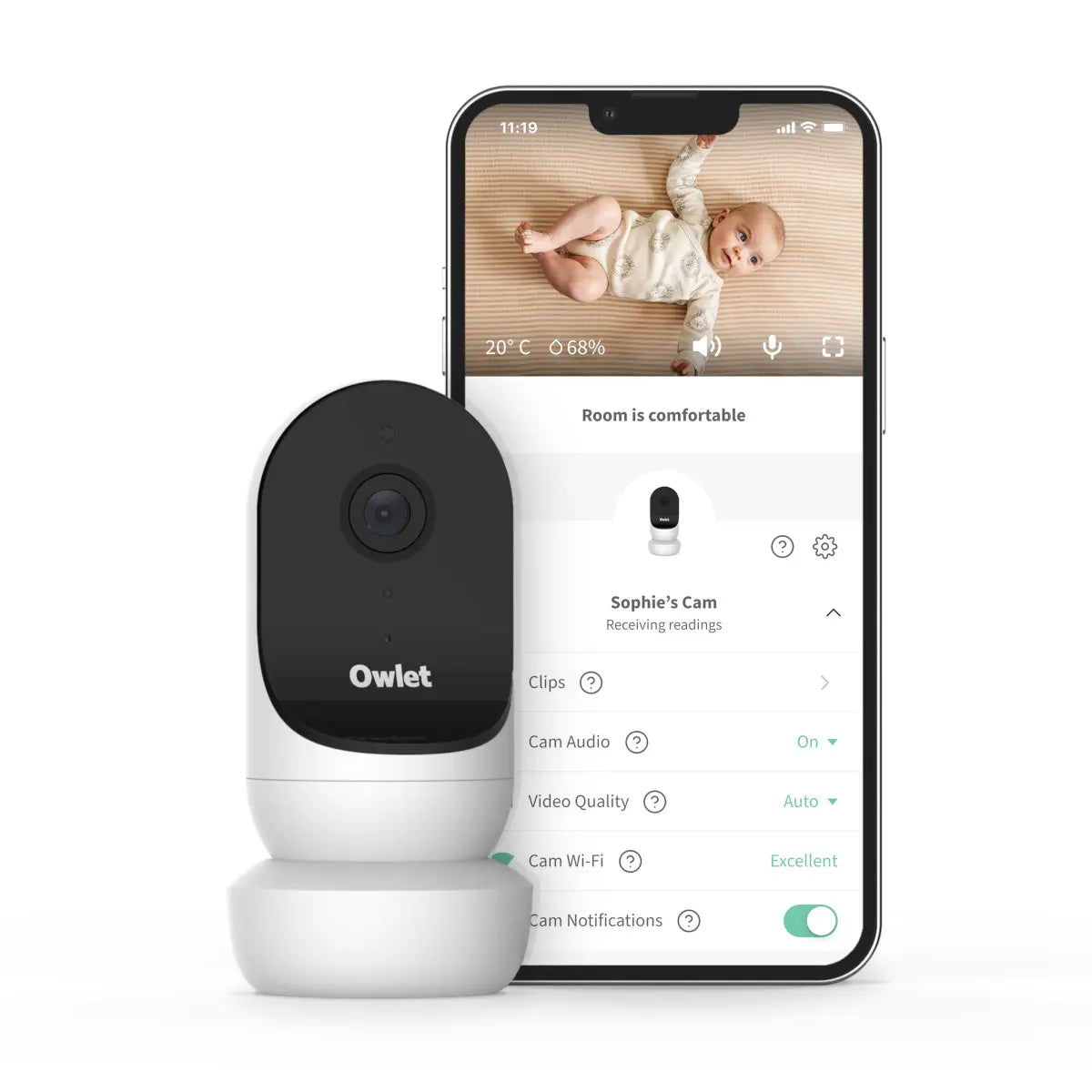 Owlet Cam 2 White showing baby monitor feed with Toshi baby romper, perfect for bare mum postpartum