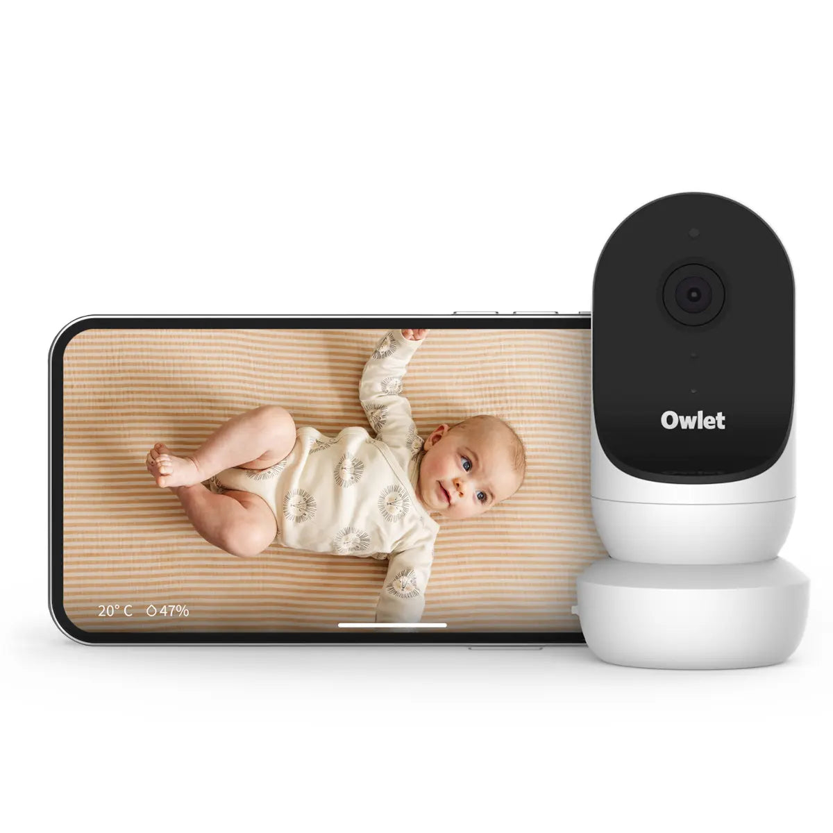 Owlet Cam 2 White showing baby monitor on smartphone with Toshi Baby Romper, perfect for bare mum postpartum