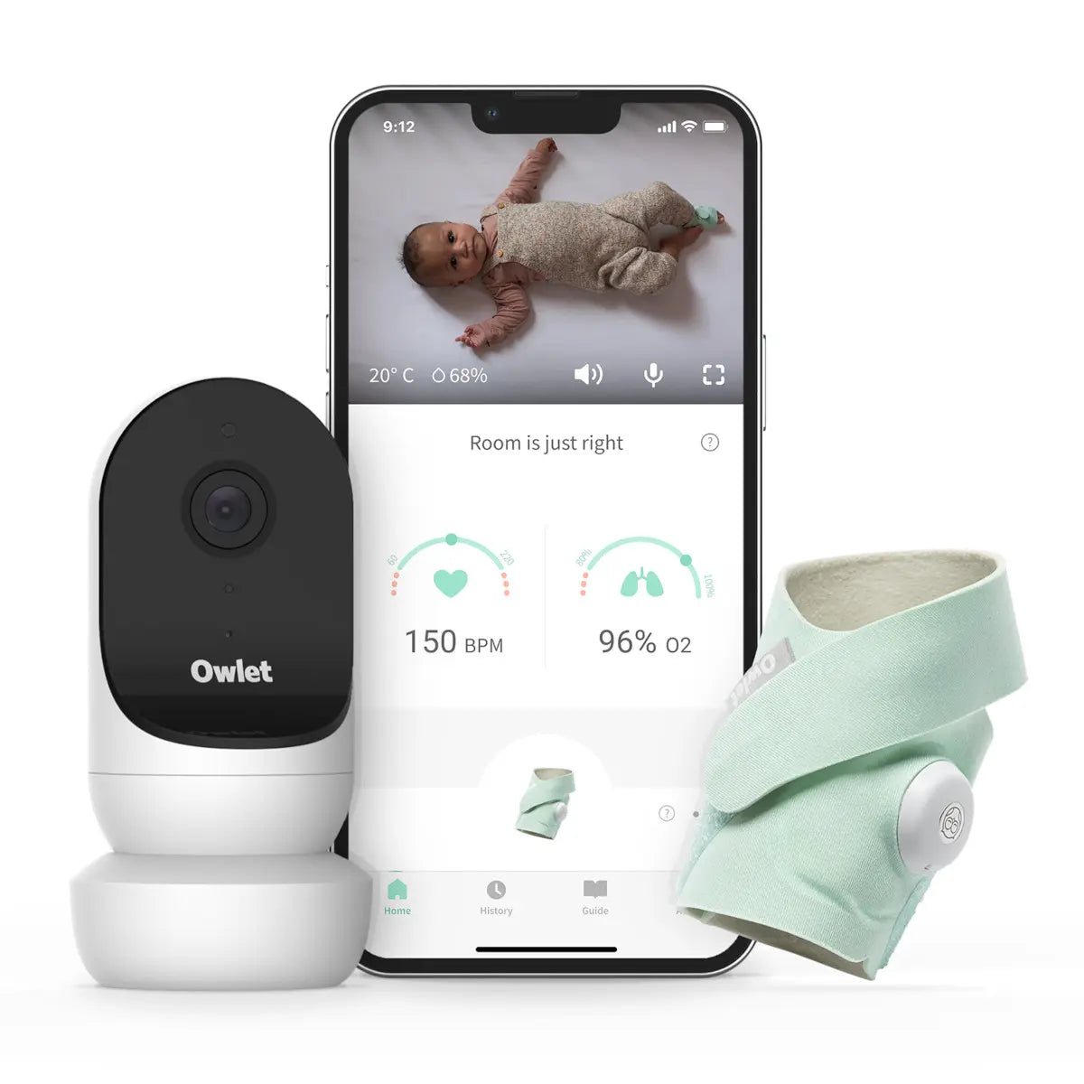 Baby monitoring system with camera smartphone app and wearable sensor for Owlet Monitor Duo