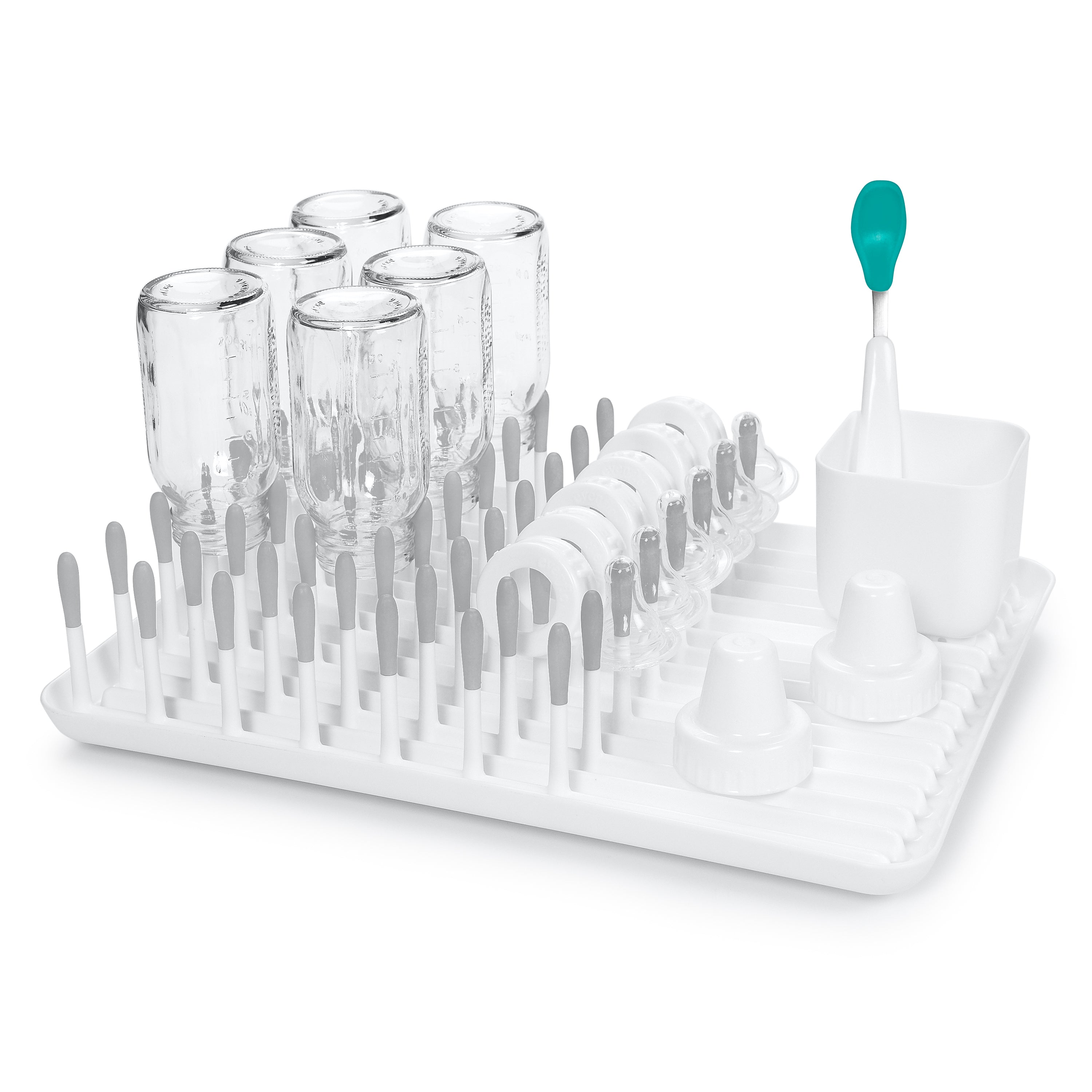 White baby bottle drying rack from Oxo Tot Bottle & Cup Cleaning Set in grey