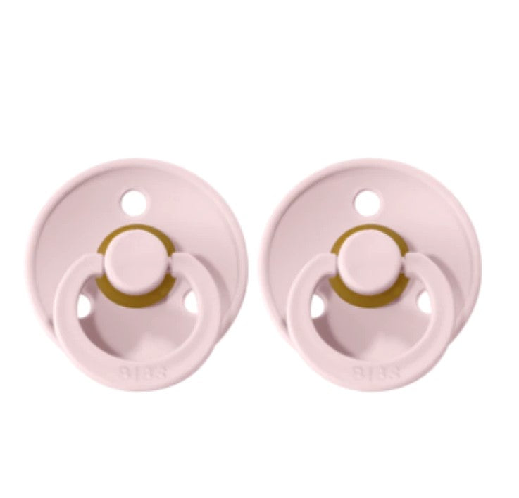 Two pink BIBS Pacifier Colour Blossom pacifiers for toshi baby and baby strollers