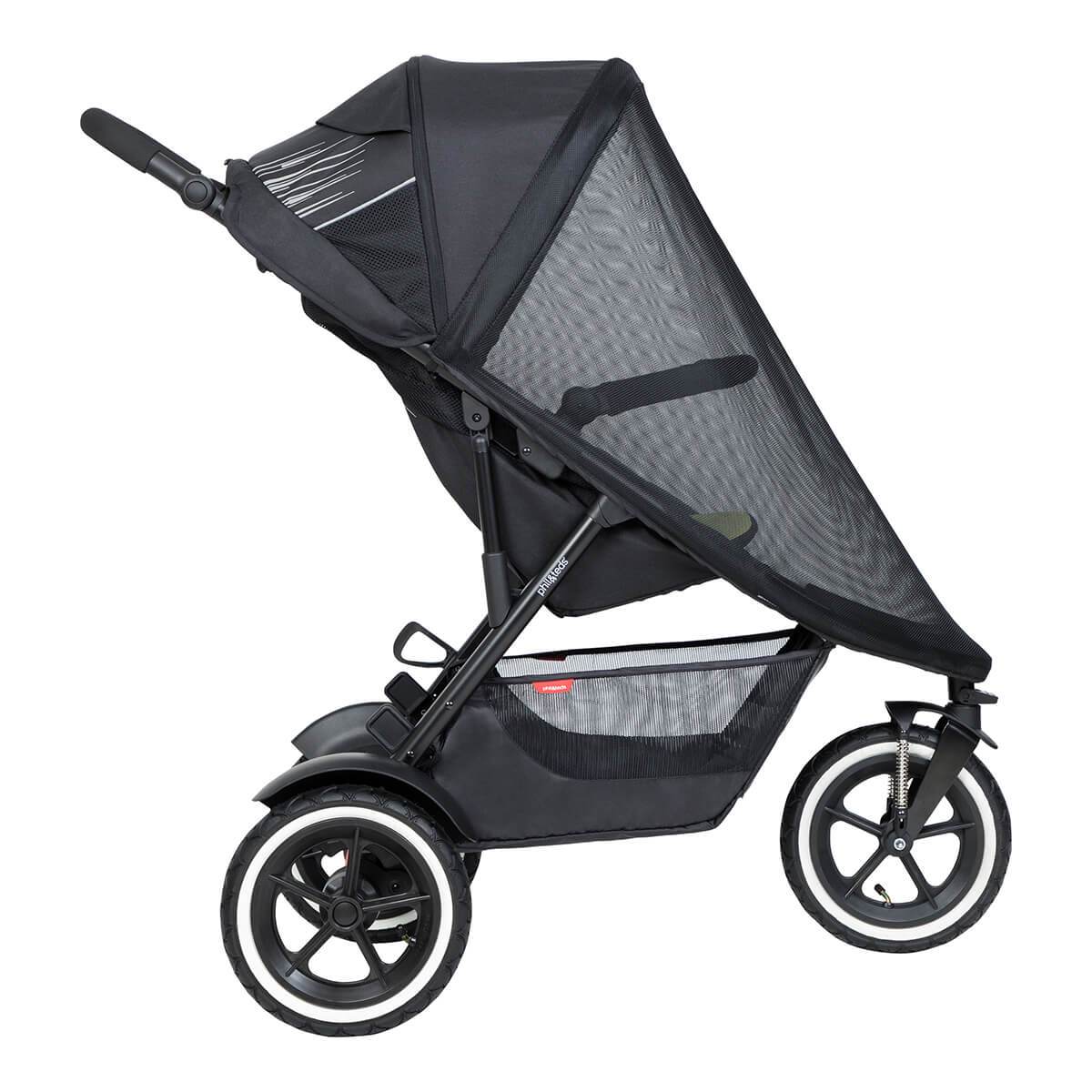 Black stroller with sunshade featuring phil&teds mesh cover for Odyssey Wagon Wheels