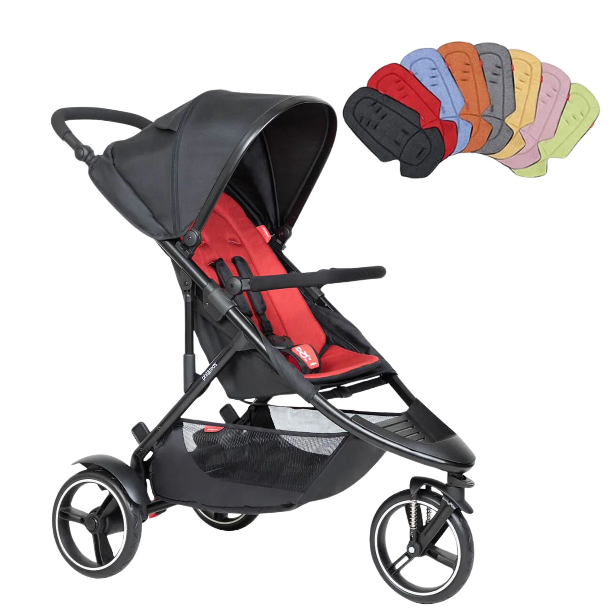 Black and red phil&teds baby strollers with colorful seat liners in limited stock