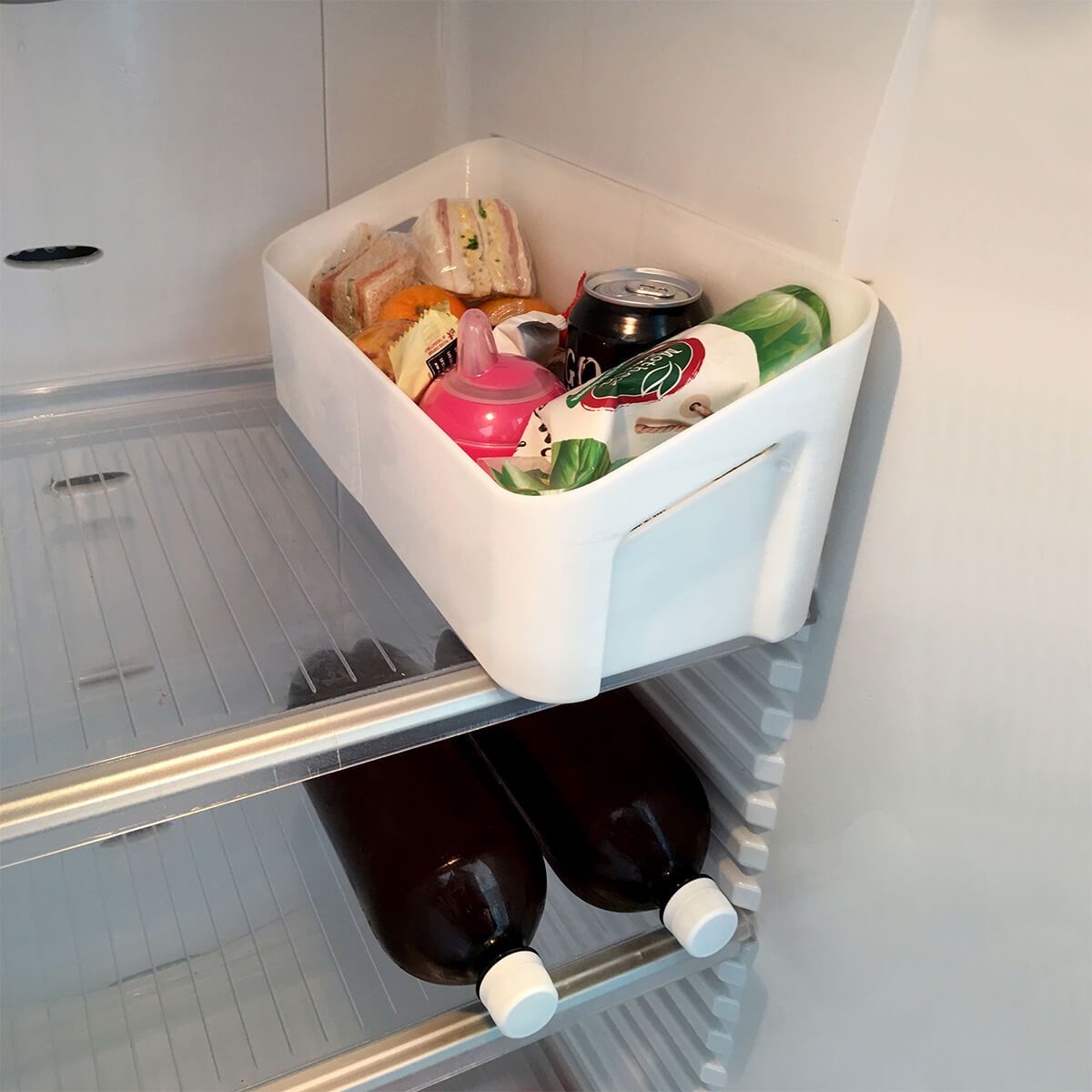 Refrigerator storage bin with food for Phil&Teds Igloo Inline Storage, perfect for busy parents