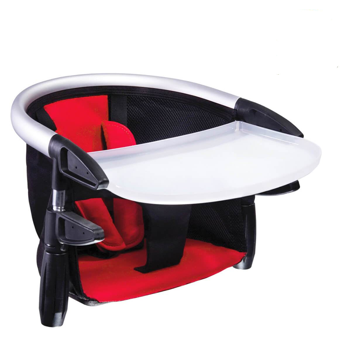 Red and black portable baby high chair with white tray for Phil&Teds Lobster stroller style