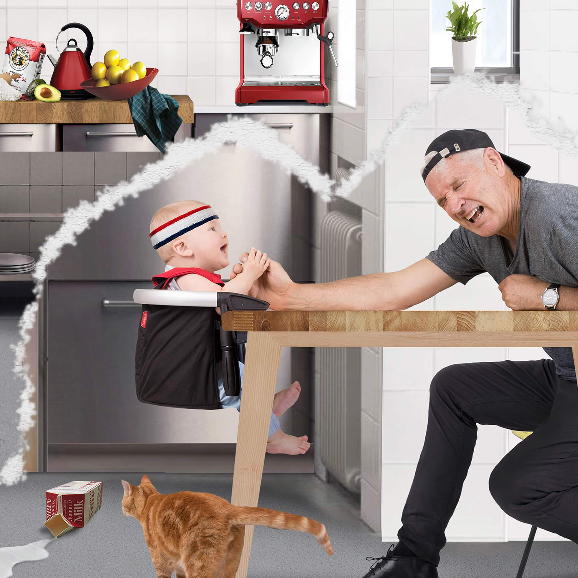 Humorous kitchen scene with Toshi Baby Romper and Phil&Teds Lobster for Bare Mum postpartum fun