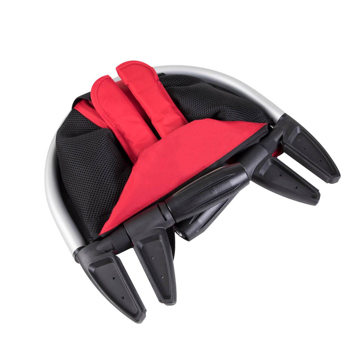 Folded red and black stroller from Phil&Teds Lobster showing off its compact design