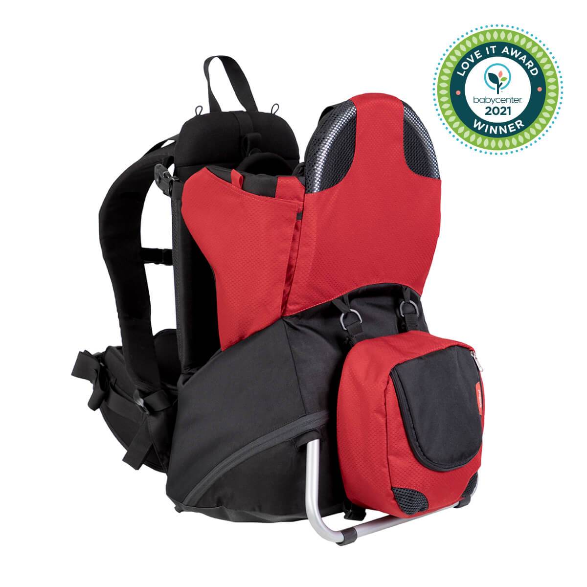 Red and black child carrier backpack from Phil&Teds Parade, perfect with Toshi baby romper