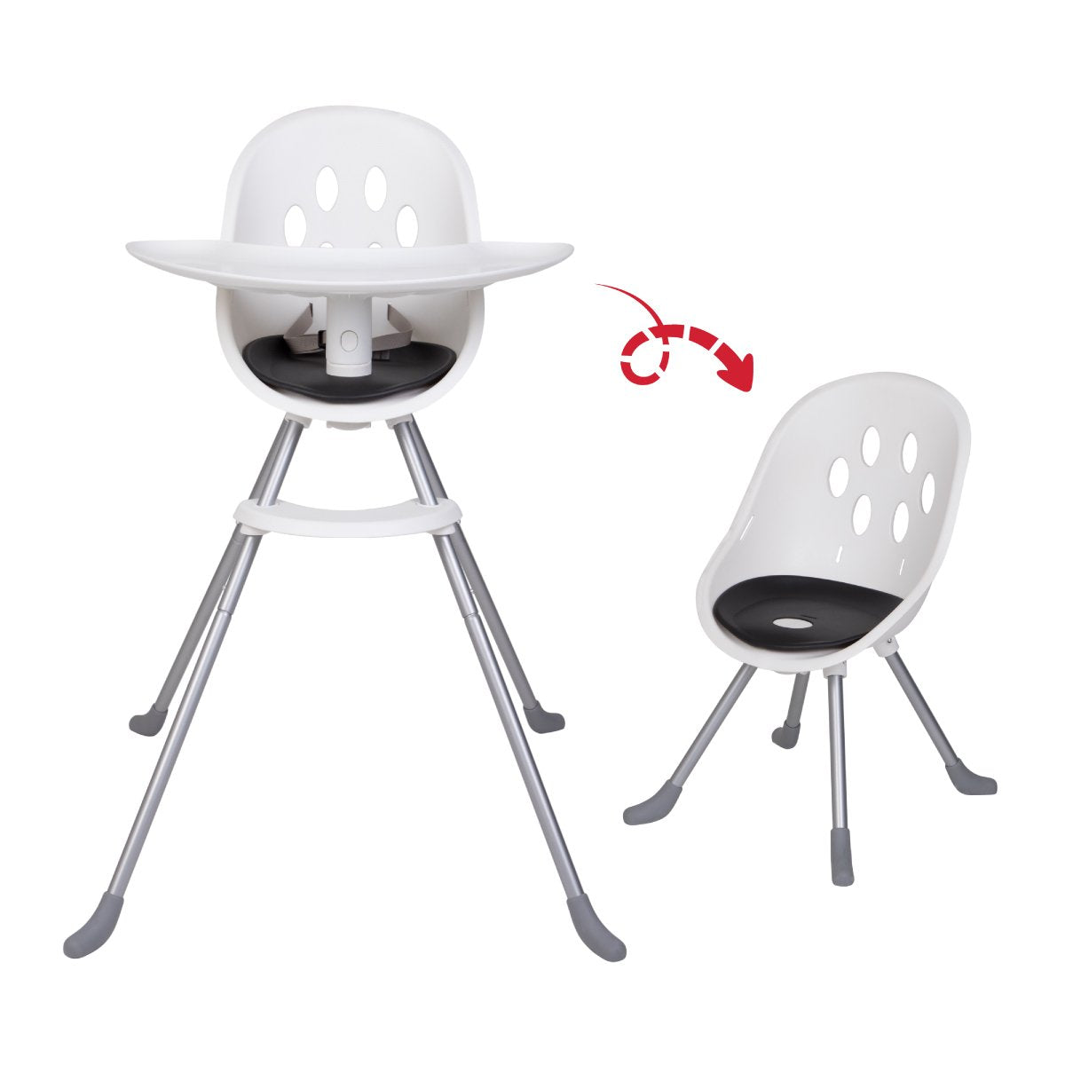 White convertible high chair from Phil&Teds Poppy with Toshi Baby Romper and Odyssey Wagon Wheels