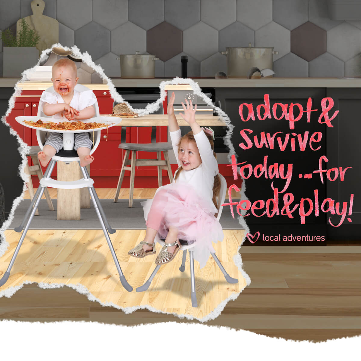 Two kids sitting in Phil&Teds Poppy high chairs with Toshi baby romper accessories