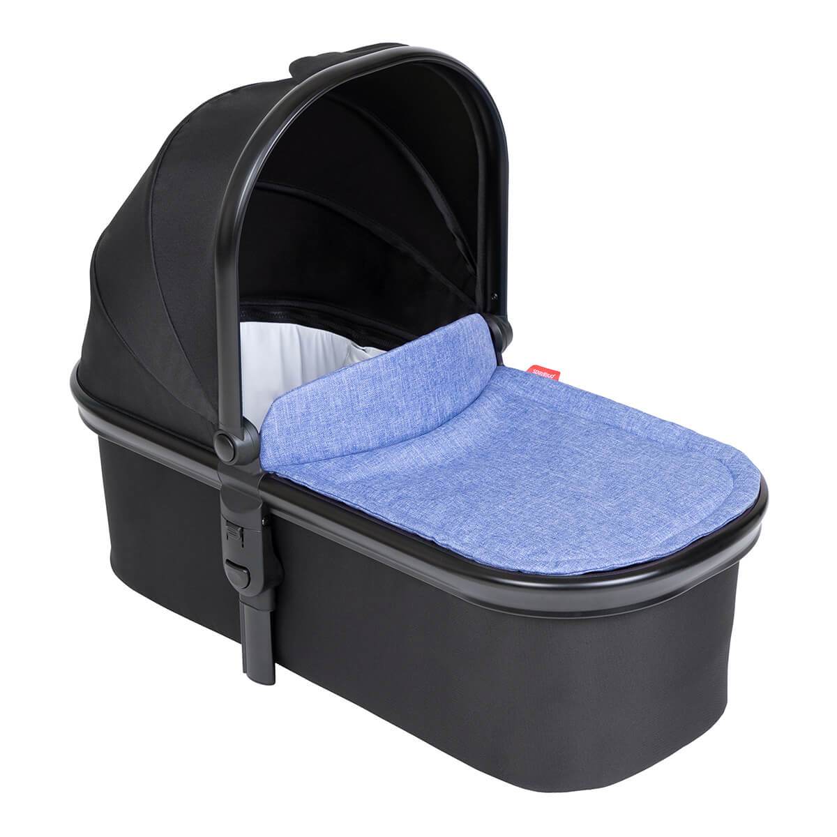 Black baby bassinet with blue cover from Phil&Teds Snug Carrycot perfect for baby strollers