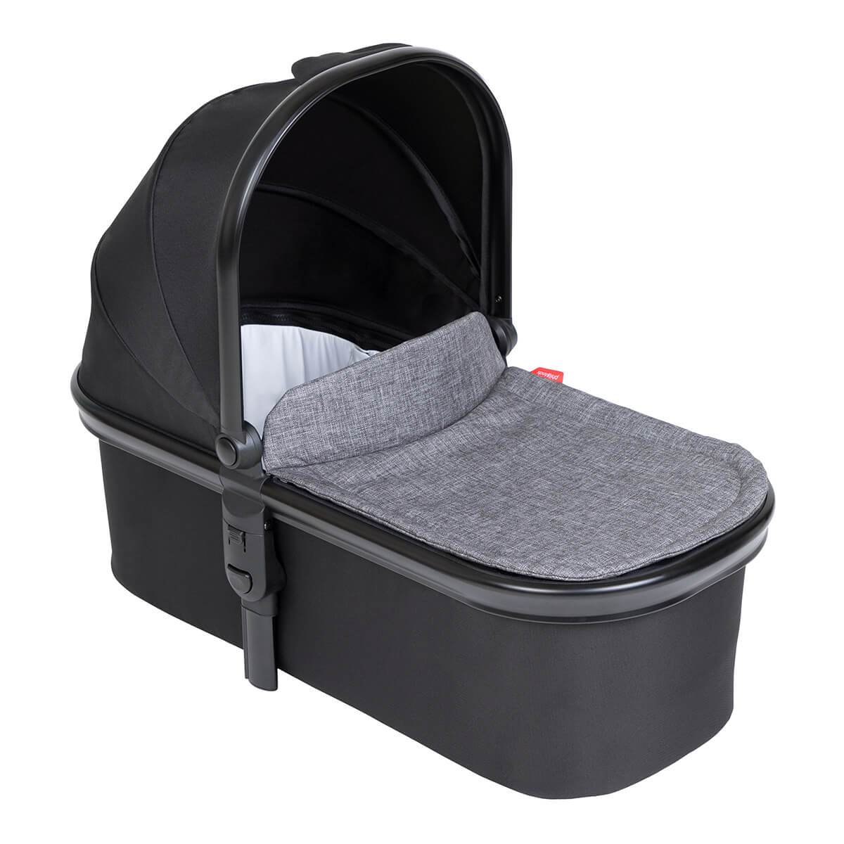 Black baby bassinet with gray cover in phil&teds snug carrycot for cozy baby strollers