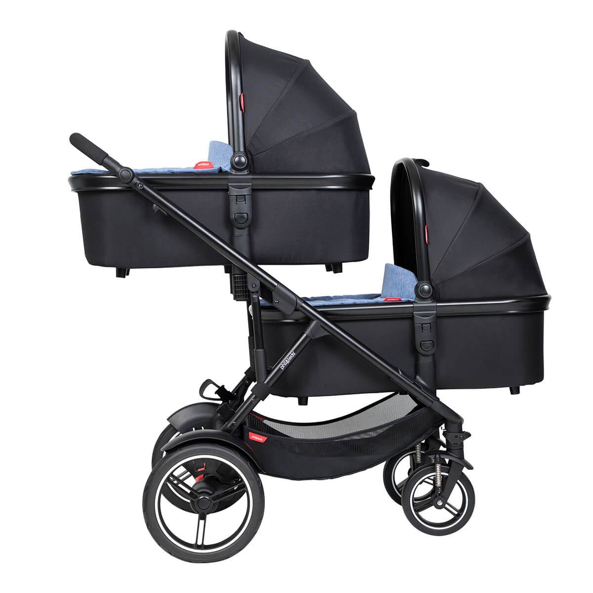 Black double stroller with Phil&Teds Snug Carrycot for comfy baby strollers and postpartum ease