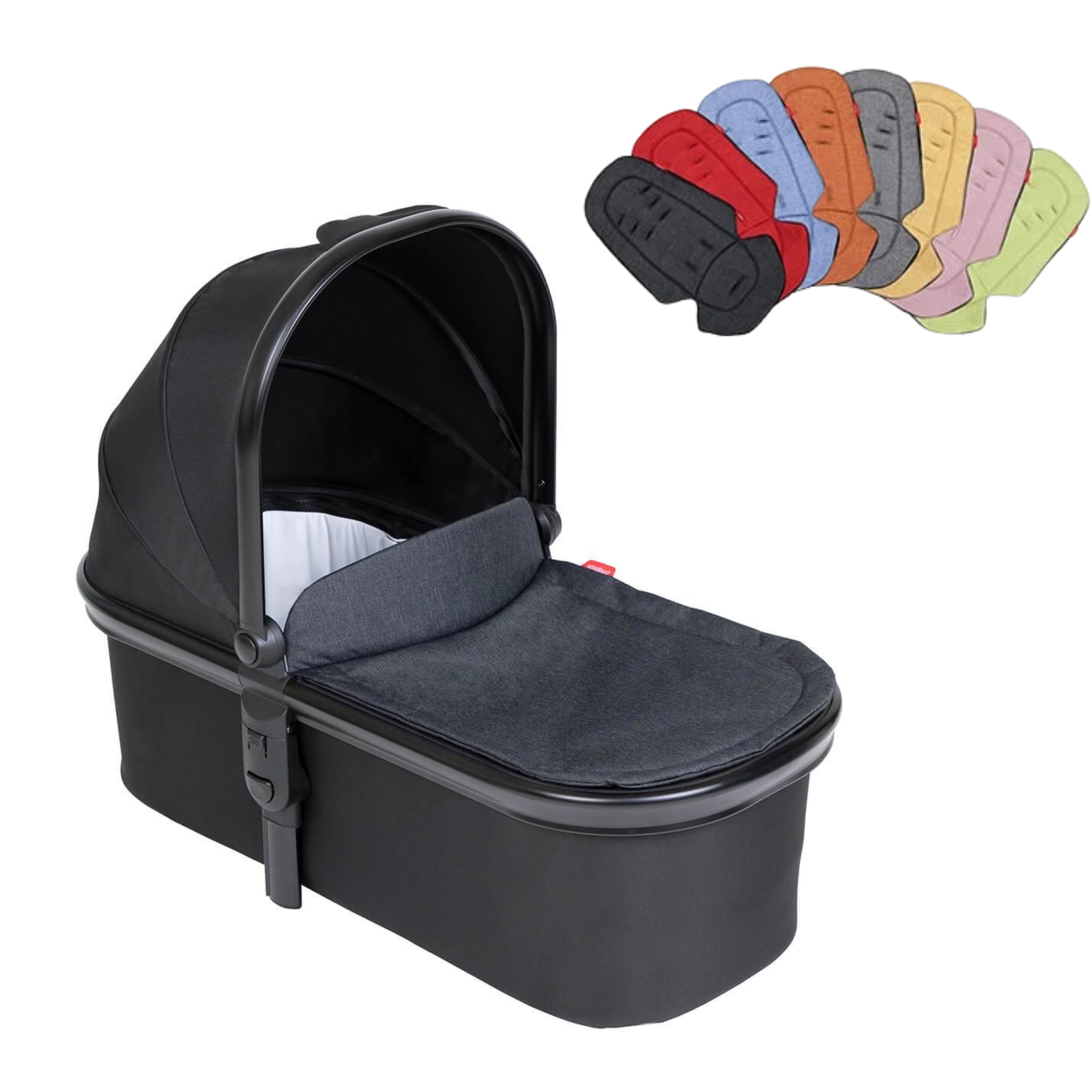 Black baby bassinet with colorful seat pads in Phil&Teds Snug Carrycot for comfy naps