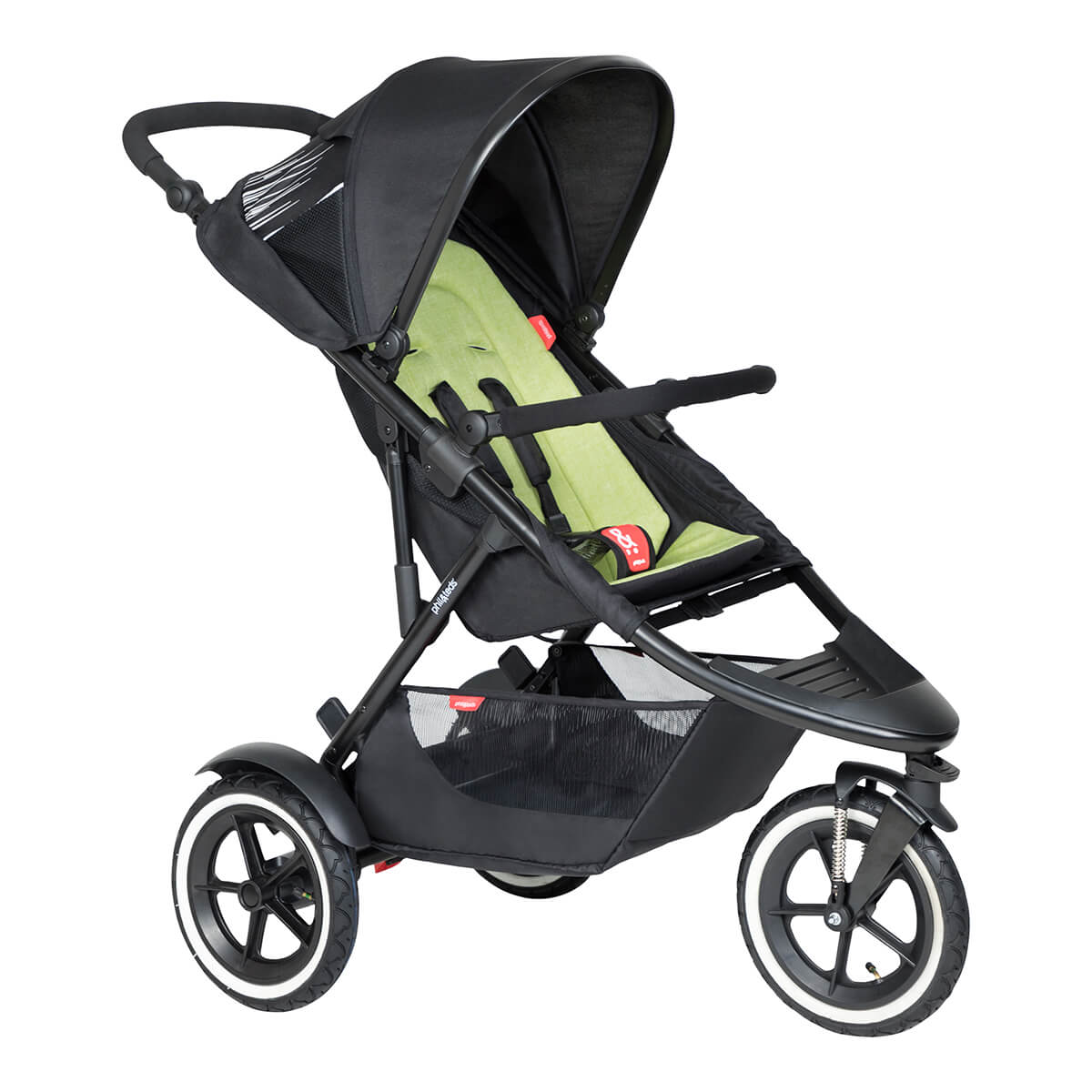 Black and green Phil Teds Sport buggy with fabric sling seat, great for toshi baby strollers