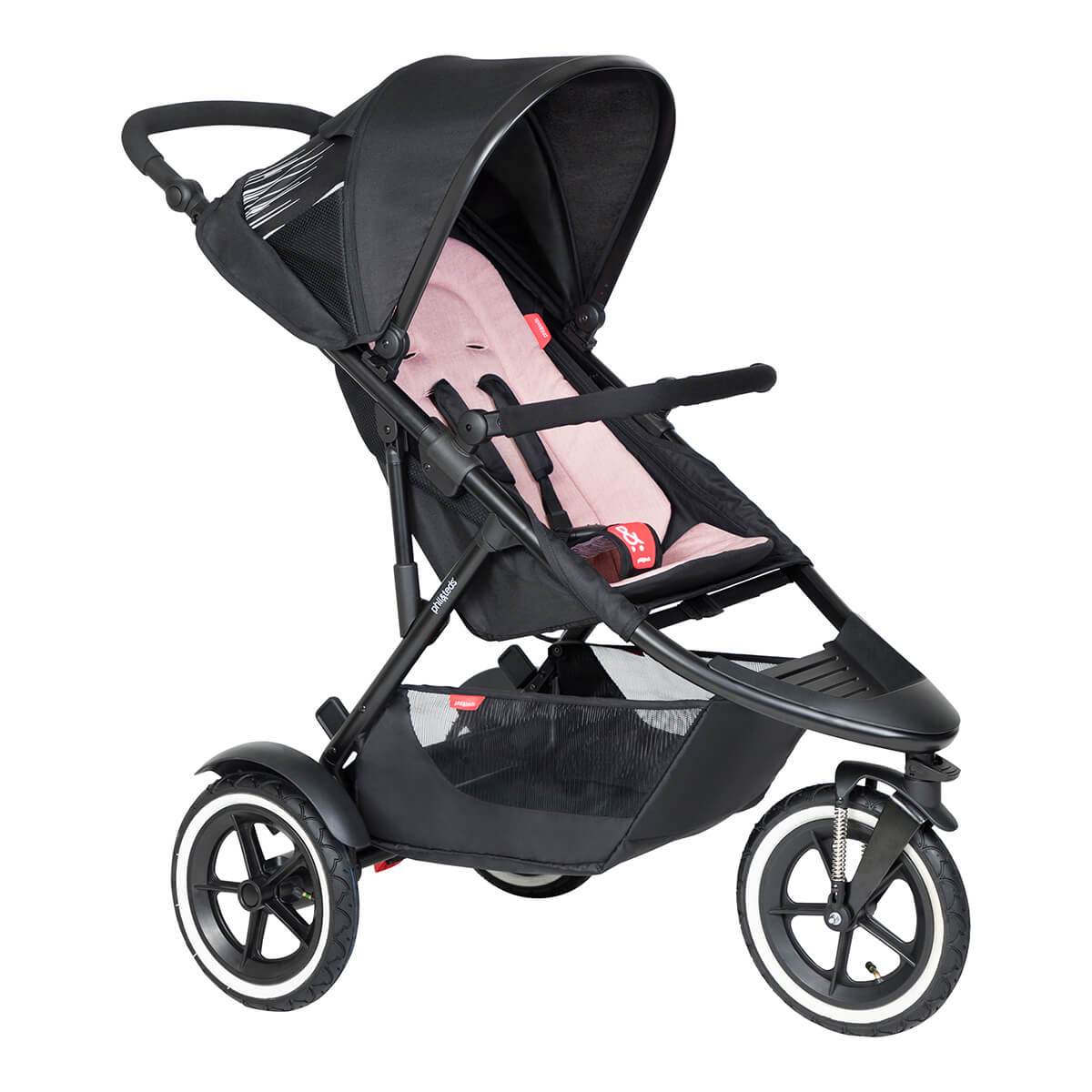 Black three-wheeled stroller with pink fabric sling seat for toshi baby - Phil&Teds Sport
