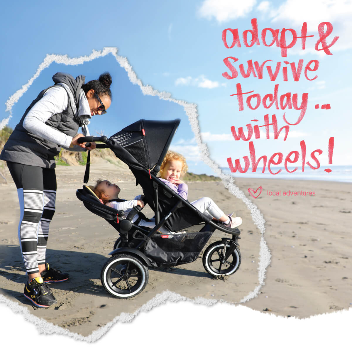 Double stroller with two kids in Phil&Teds Sport buggy, featuring a fabric sling seat for toshi baby comfort