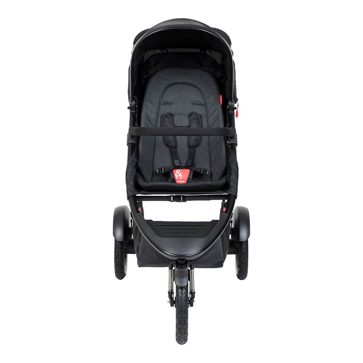 Black three-wheeled stroller featuring fabric sling seat for toshi baby by Phil&Teds Sport