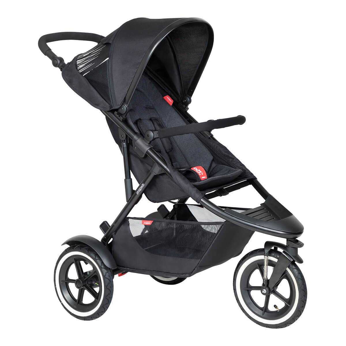 Black three-wheeled stroller from Phil&Teds Sport buggy with toshi baby fabric sling seat