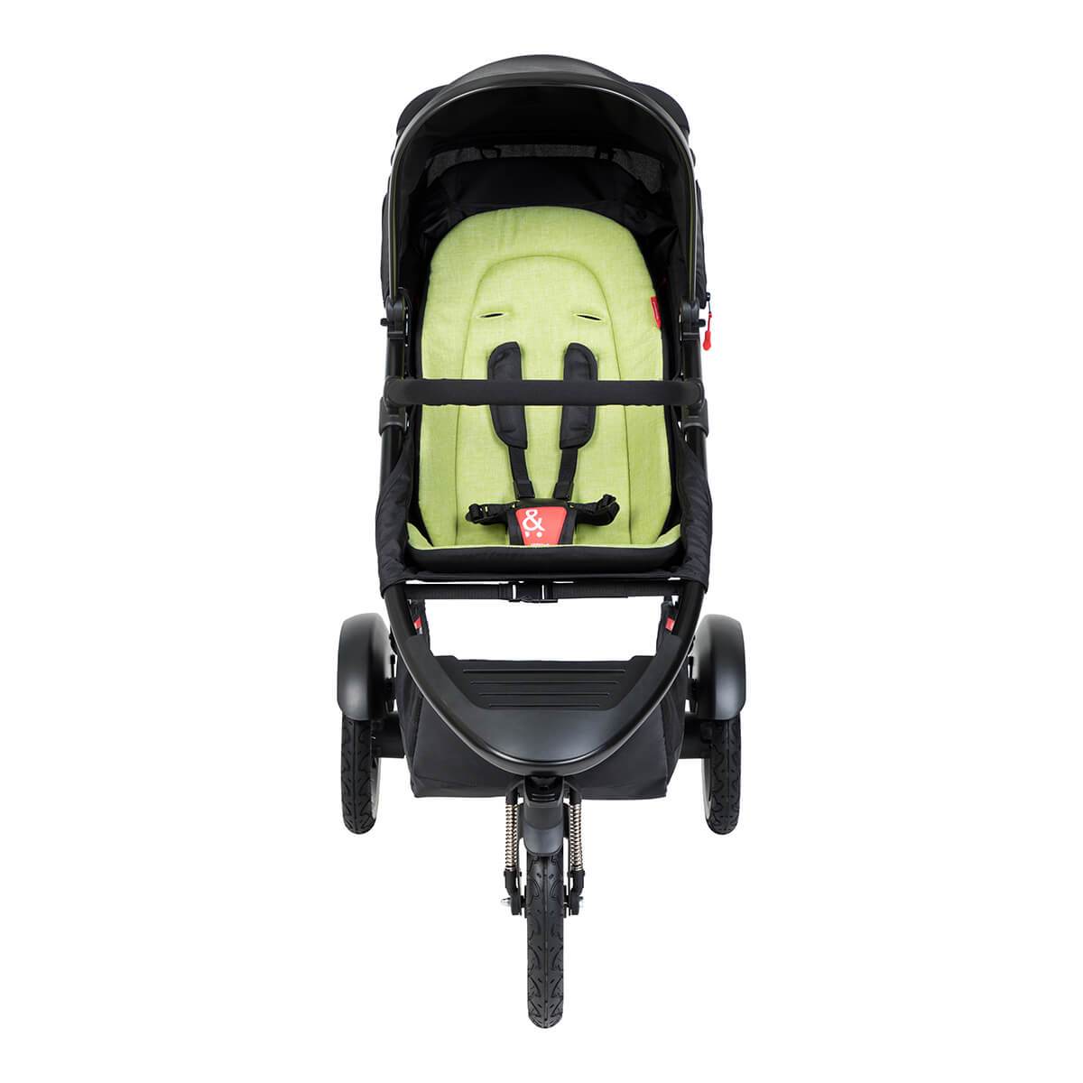 Black and green Phil&Teds Sport buggy with toshi baby fabric sling seat and three wheels